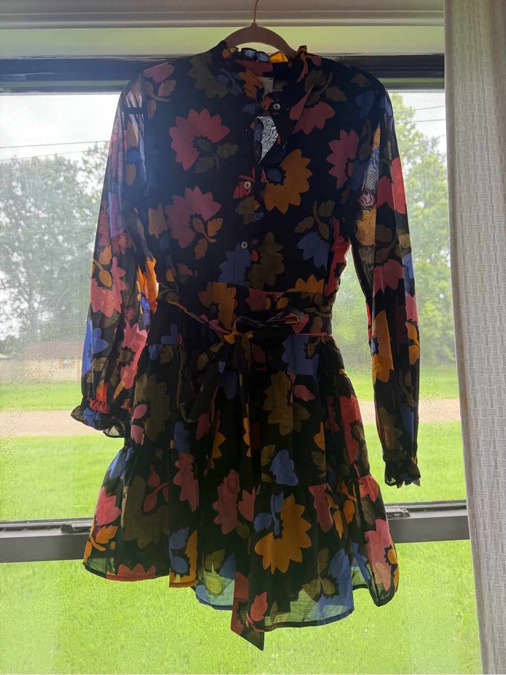 Sheer Floral Tie-Waist Long Sleeve Mini Dress - Black Multi
